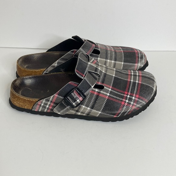 Birkenstock Shoes - Birki's Boston Clog Women's 9 Gray Black Red Plaid Faux Leather Slip On Shoes